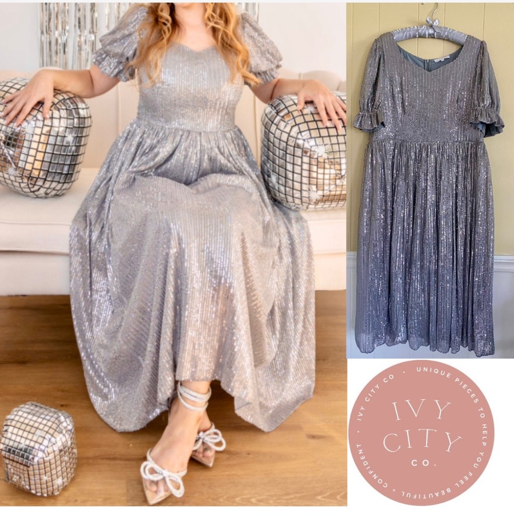 Ivy City Co Silver Sequin Midi Dress